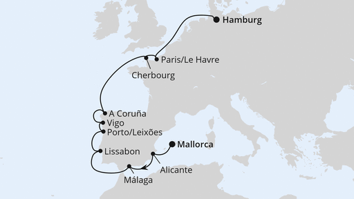 Route - Von Mallorca nach Hamburg 2 mit AIDAprima